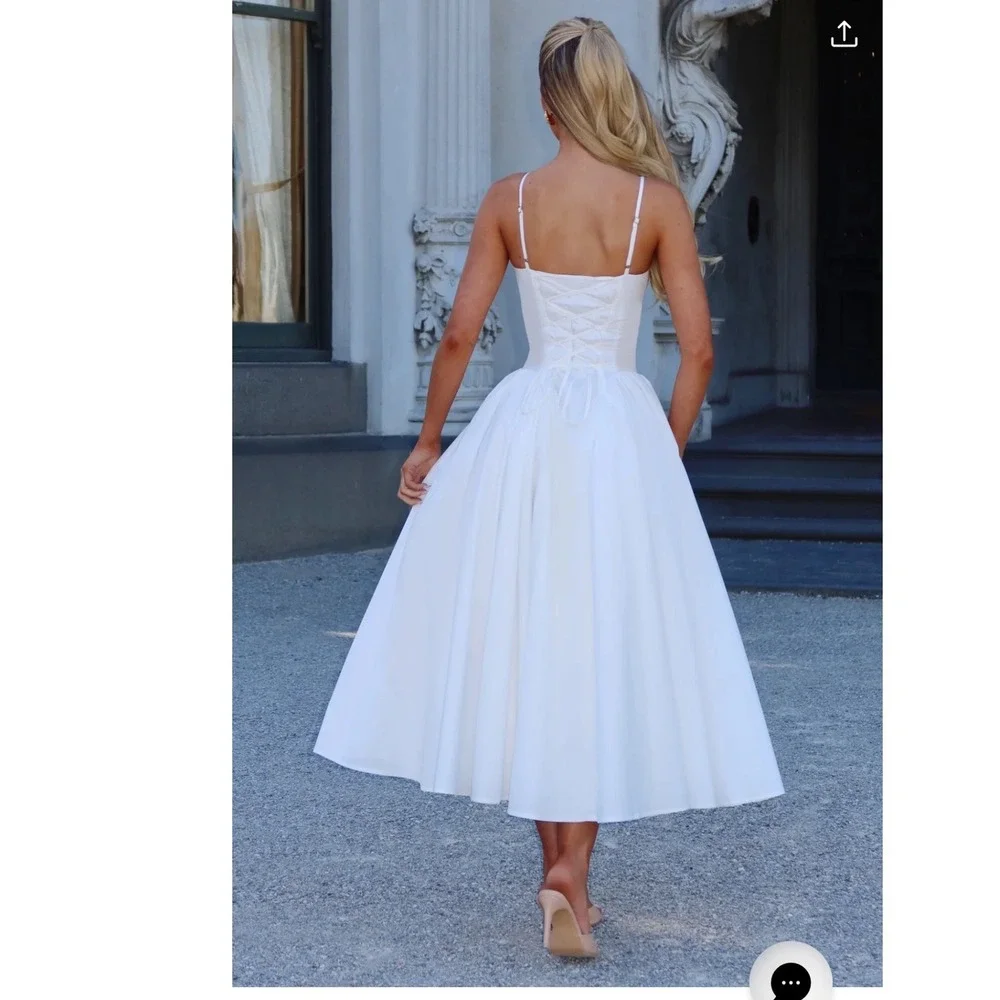 Babyboo Fashion White Corset Lace Up Back Midi Dress XS Pleated Full Skirt Sweet